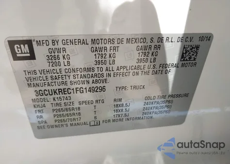 2015 Chevrolet Silverado 1500 2Lt из США, поврежденный, VIN 3GCUKREC1FG149296